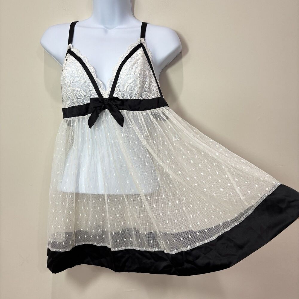 LINEA DONATELLA Babydoll Lingerie Cami Top SHEER Lace Cream Black M Coquette